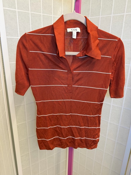 COS Tops - COS Women's Rust Short-Sleeve Polo with White Stripes